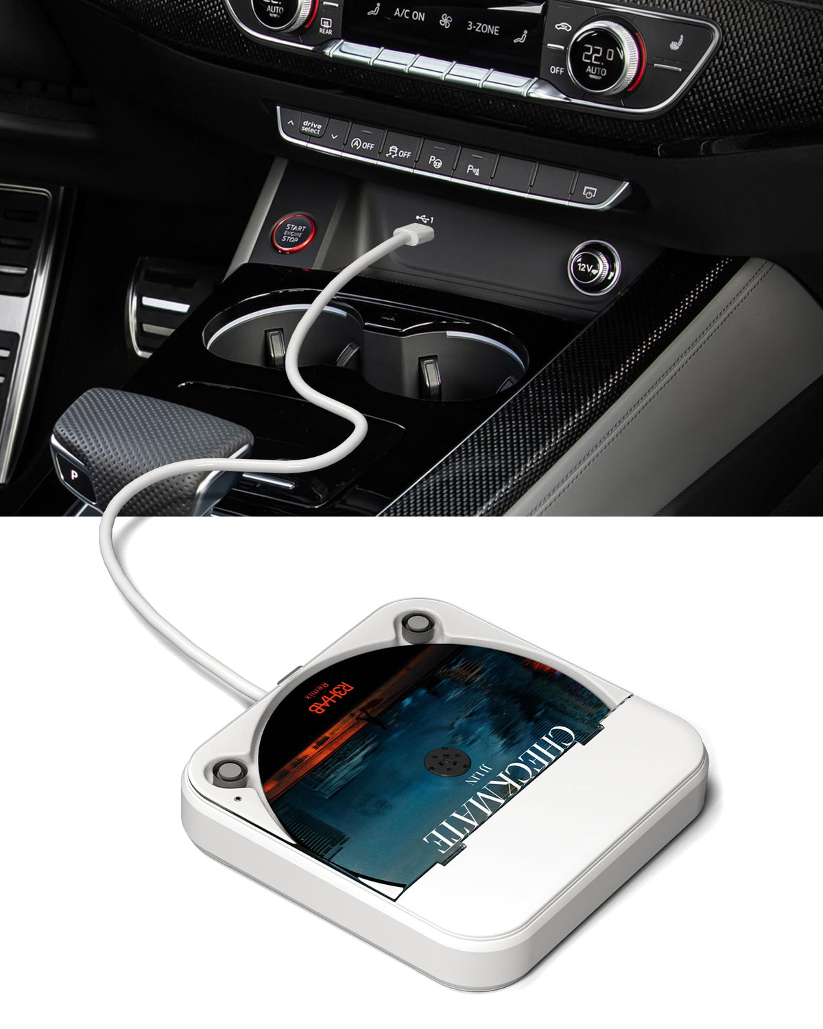 ENVYCLOUD portable car CD player front view, compact design for dash placement.