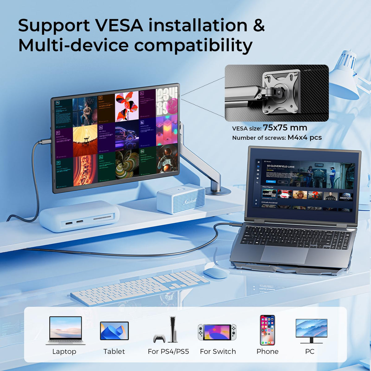 Enzion on a desk as dual-monitor setup showing enhanced productivity benefit