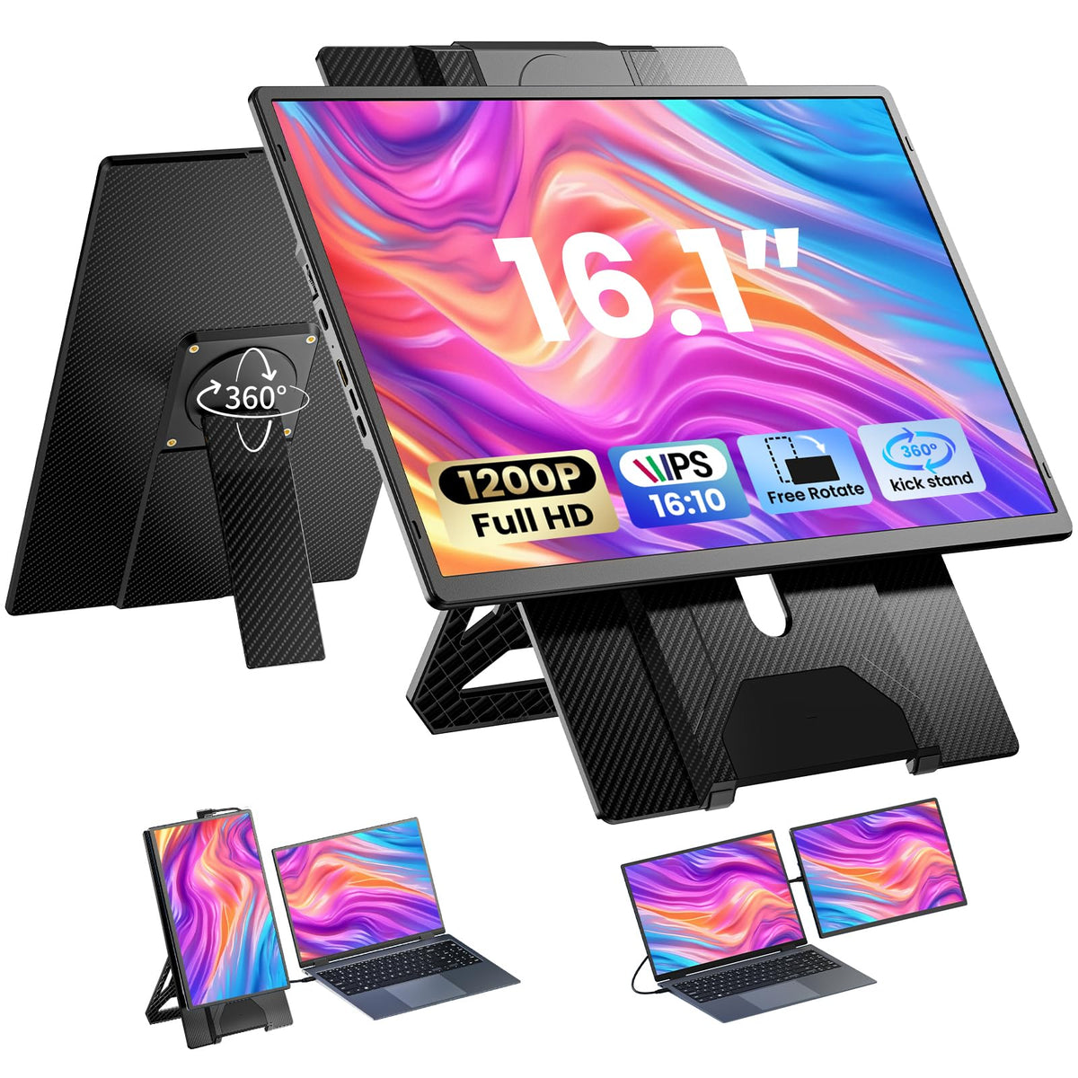 Enzion front view of 16.1 inch portable monitor showing bezel and screen benefit: extra workspace