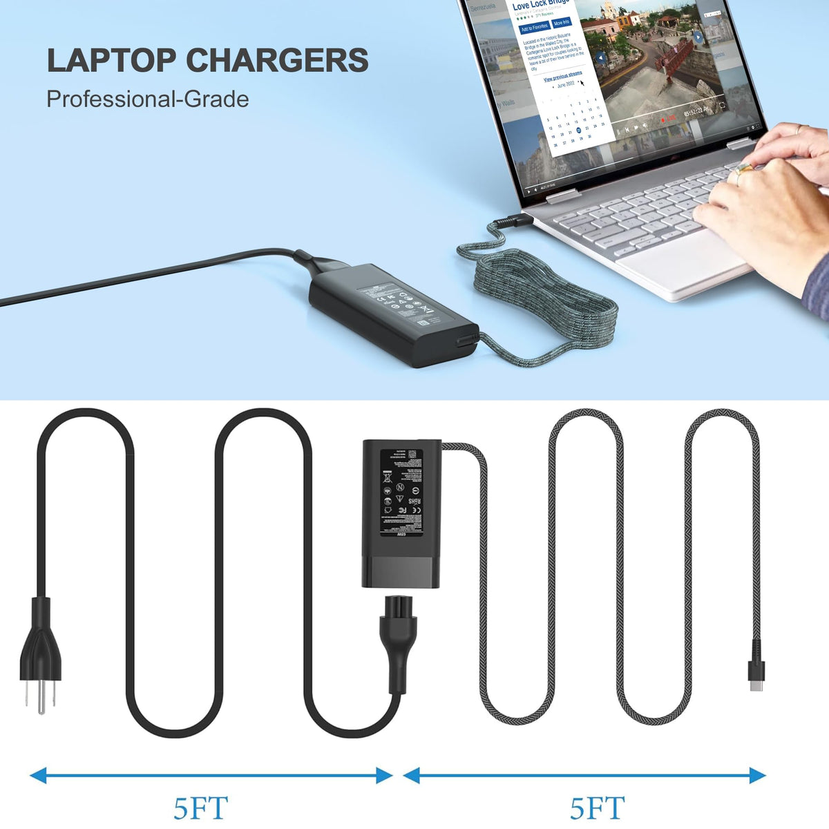 Eokoowo charger in travel desk setup powering an HP laptop.
