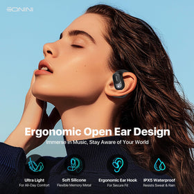 Eonini open-ear earbuds with secure over-ear hooks for a stable fit during workouts