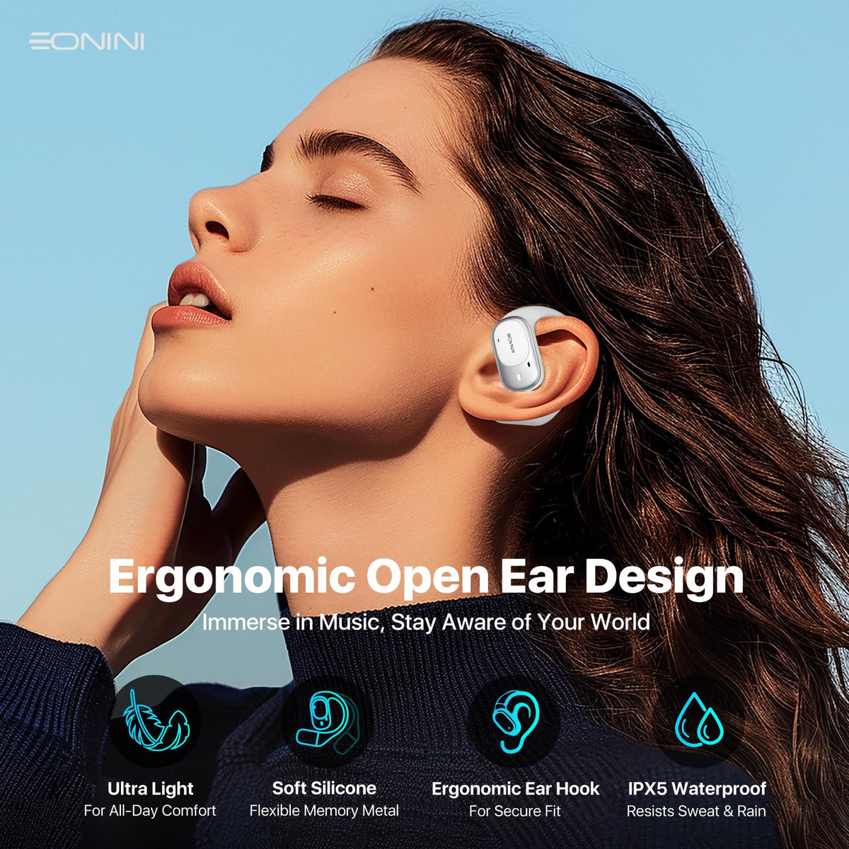 Eonini open-ear earbuds with secure over-ear hooks for steady workouts