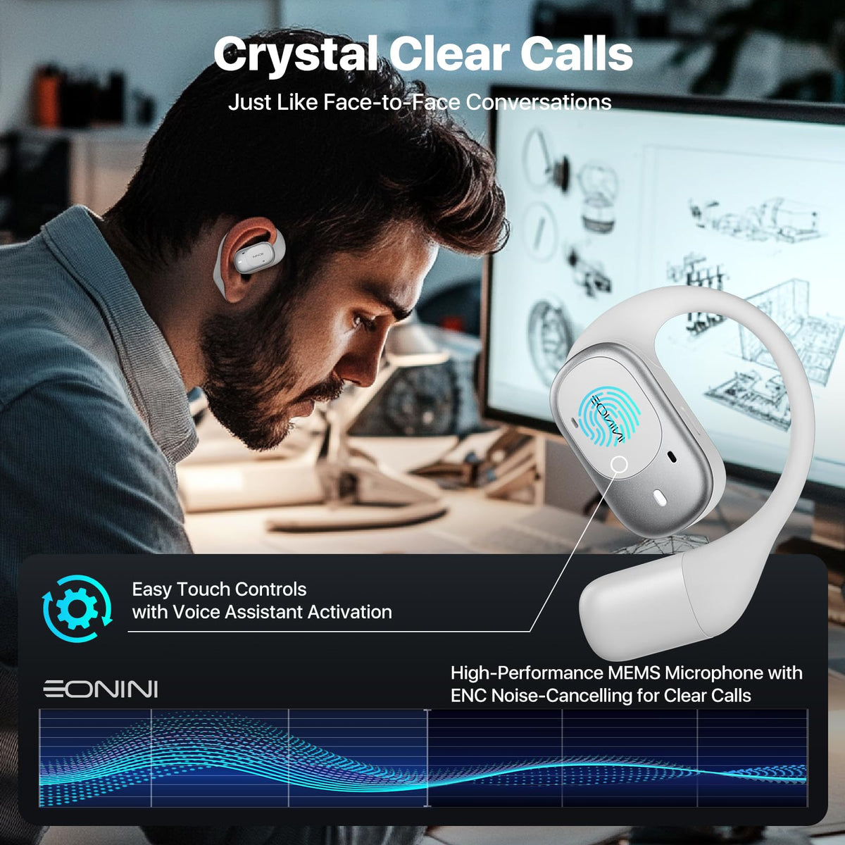 Eonini open-ear earbuds with intuitive touch controls for calls and music