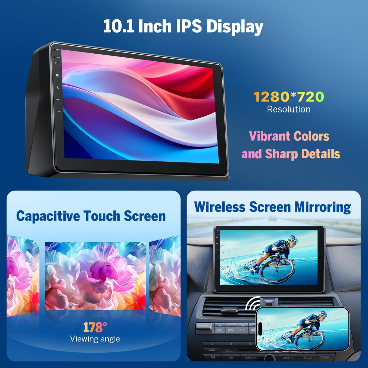 Eonon 10.1-inch IPS touchscreen offers bright, wide viewing angles.