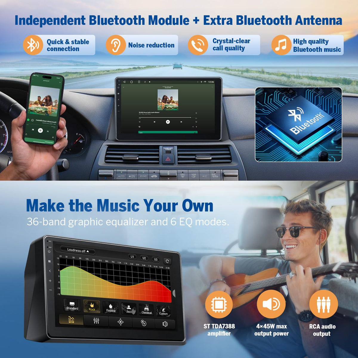 Eonon dual-band Wi-Fi and Bluetooth 5.4 keep connections reliable.