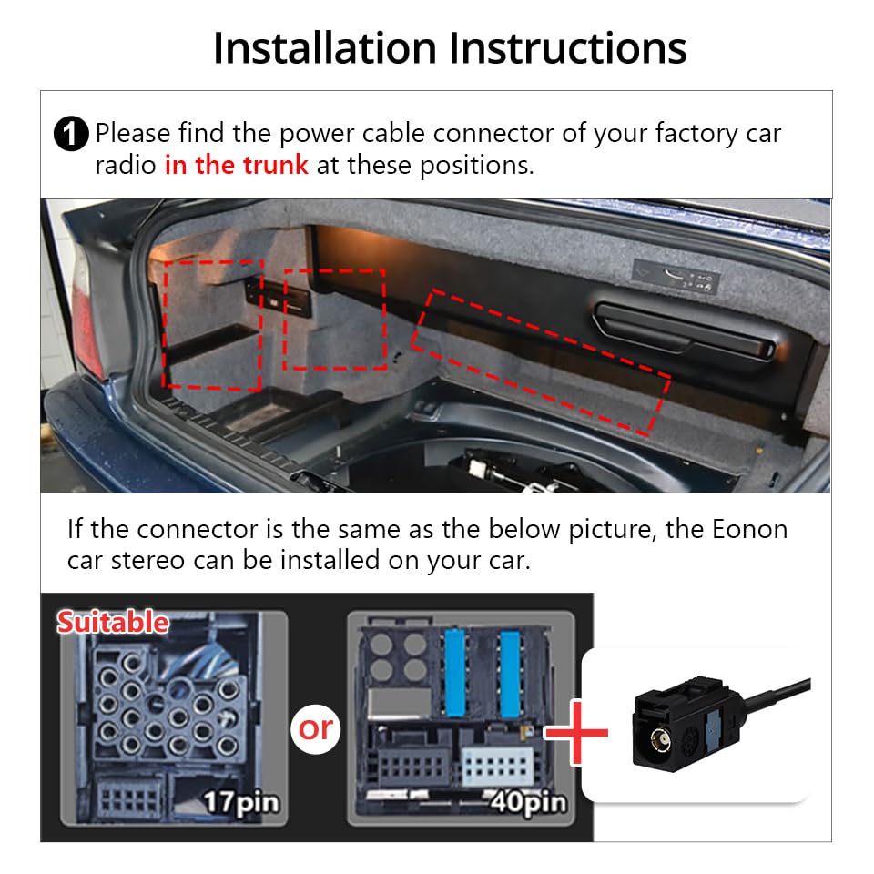EONON harness connected to trunk radio socket demonstrating clean, non-destructive installation