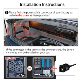 EONON harness connected to trunk radio socket demonstrating clean, non-destructive installation