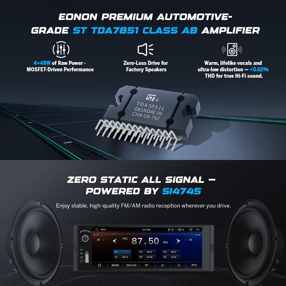 EONON touchscreen close-up highlighting IPS clarity and responsive touch