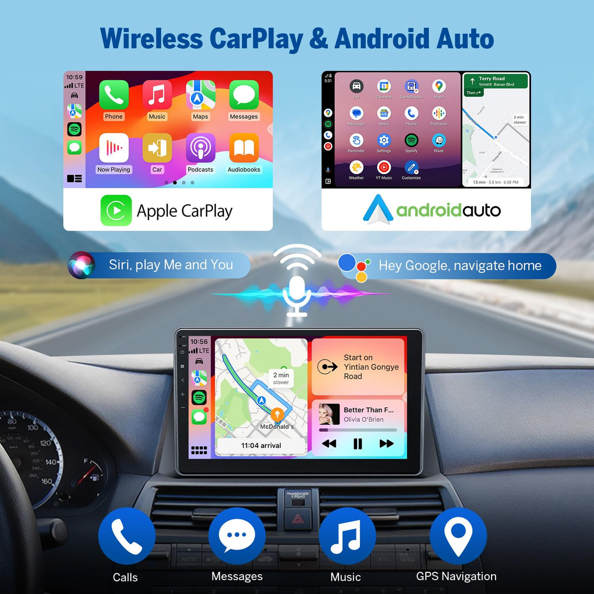 Eonon wireless CarPlay and Android Auto enable hands-free, clutter-free driving.