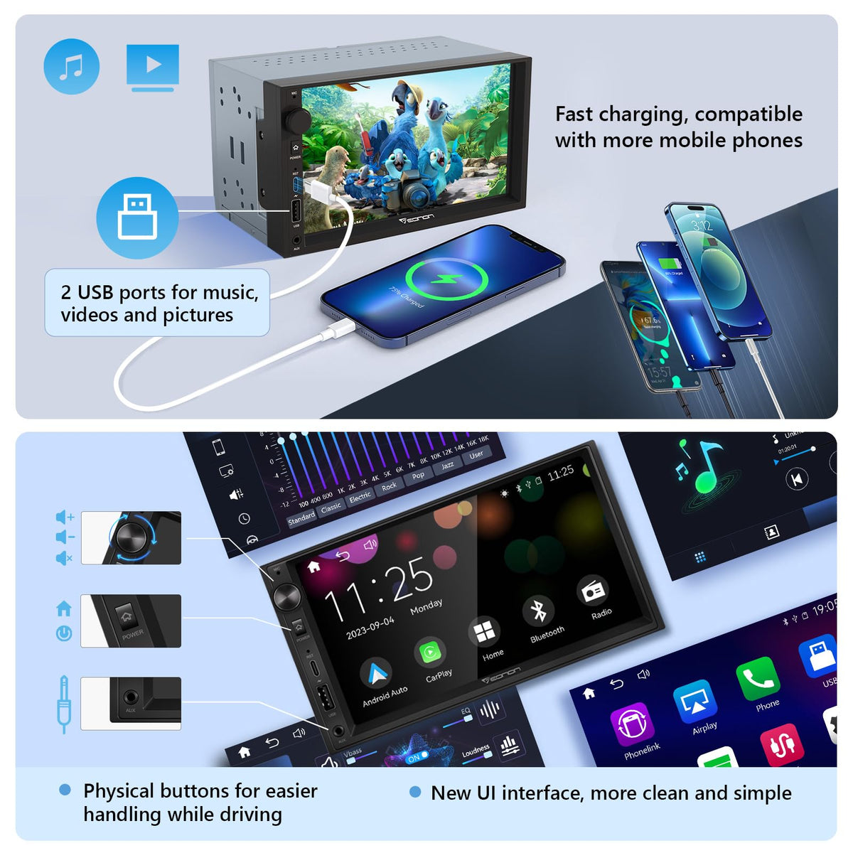 EONON X3 physical volume knob and buttons simplify control.