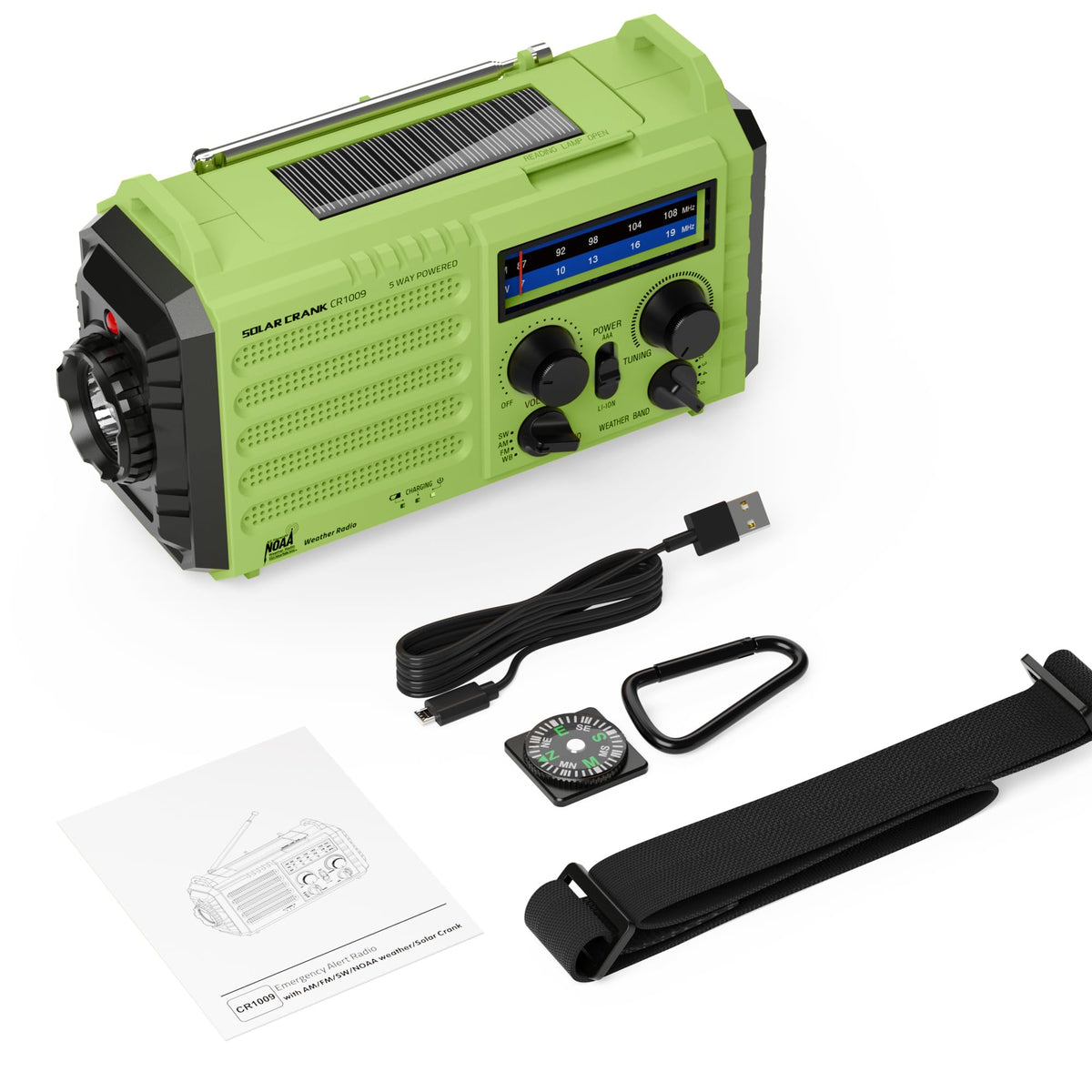 Eoxsmile placed in a tent campsite showing radio, light, and compass for outdoor safety