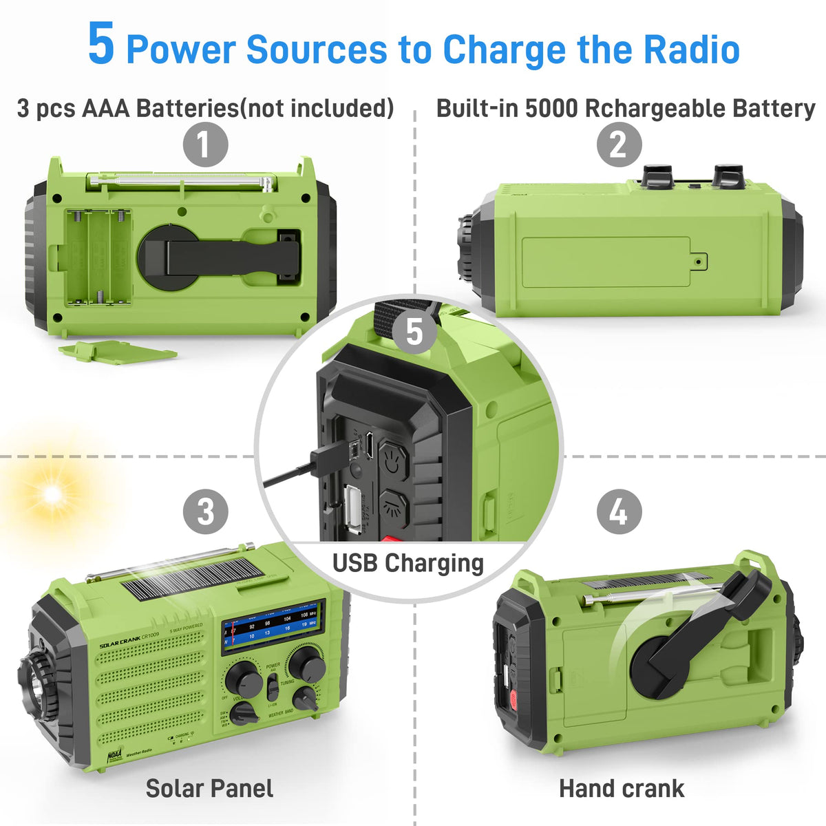 Eoxsmile hand crank and telescopic antenna extended for manual charging and better reception