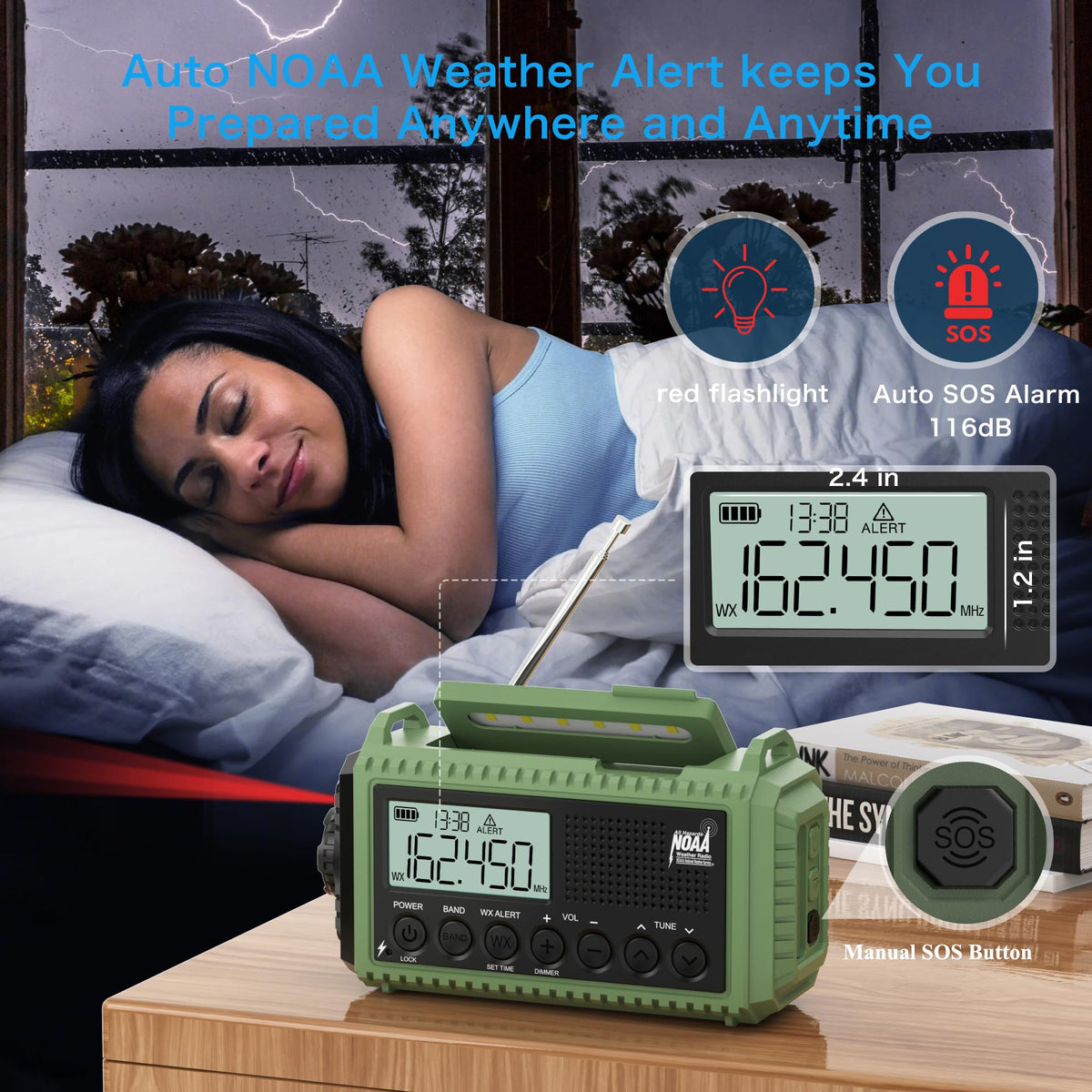 Eoxsmile closeup LCD display with battery and NOAA alert icons for quick status