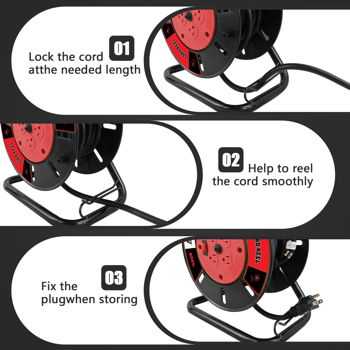 EP cord reel with grip handle, portable for moving between job sites.