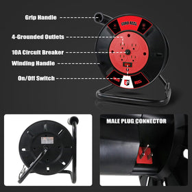 EP red extension cord reel, front view for quick cord deployment.