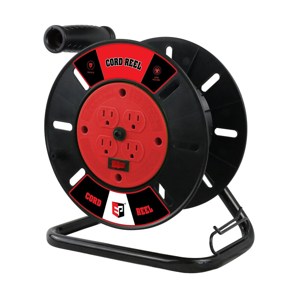 EP extension cord storage reel with four outlets, front view for organized job-site power.