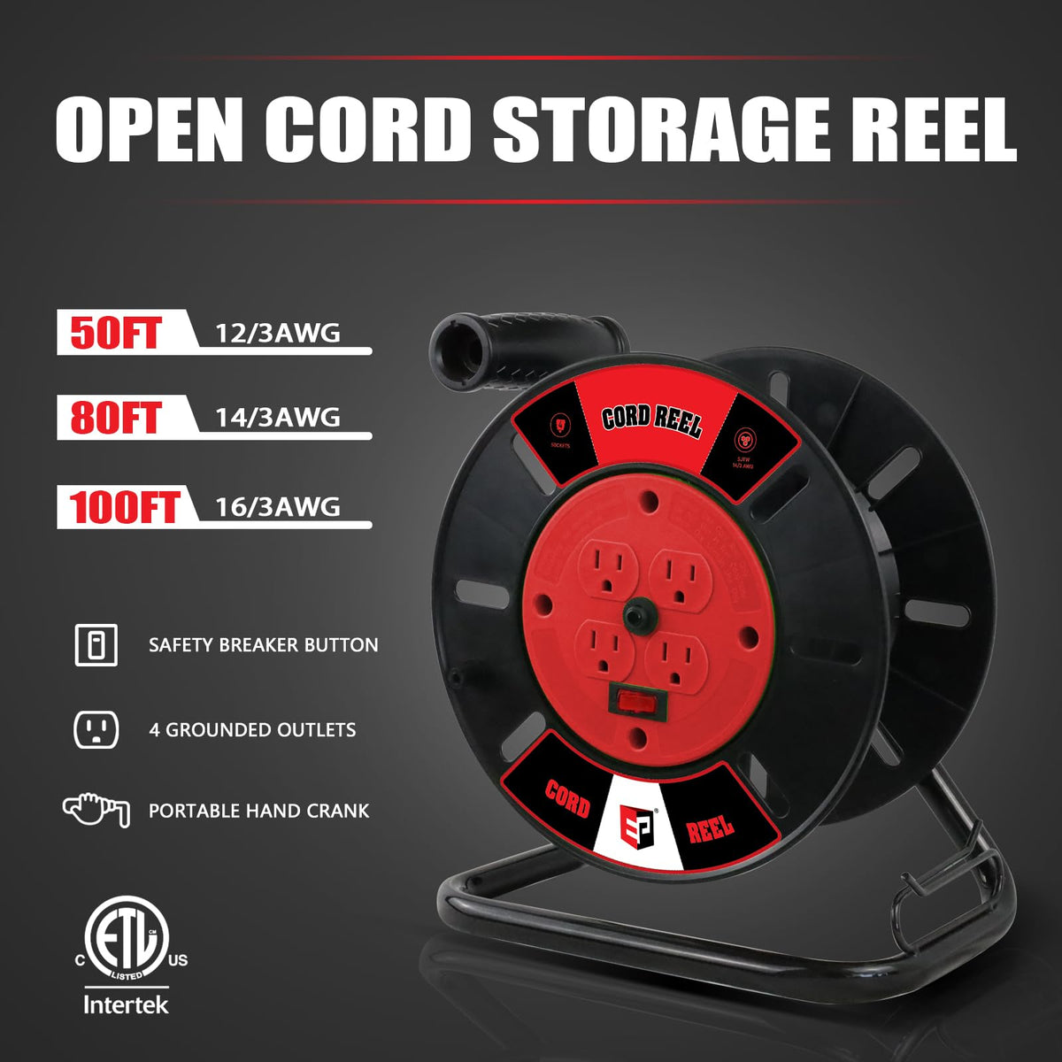 EP heavy-duty cord reel with metal stand, side view highlighting durability on garages.