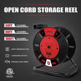 EP heavy-duty cord reel with metal stand, side view highlighting durability on garages.