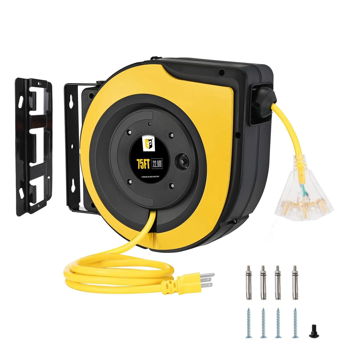 EP retractable extension cord reel 75ft with 3-outlet lighting for safe power access