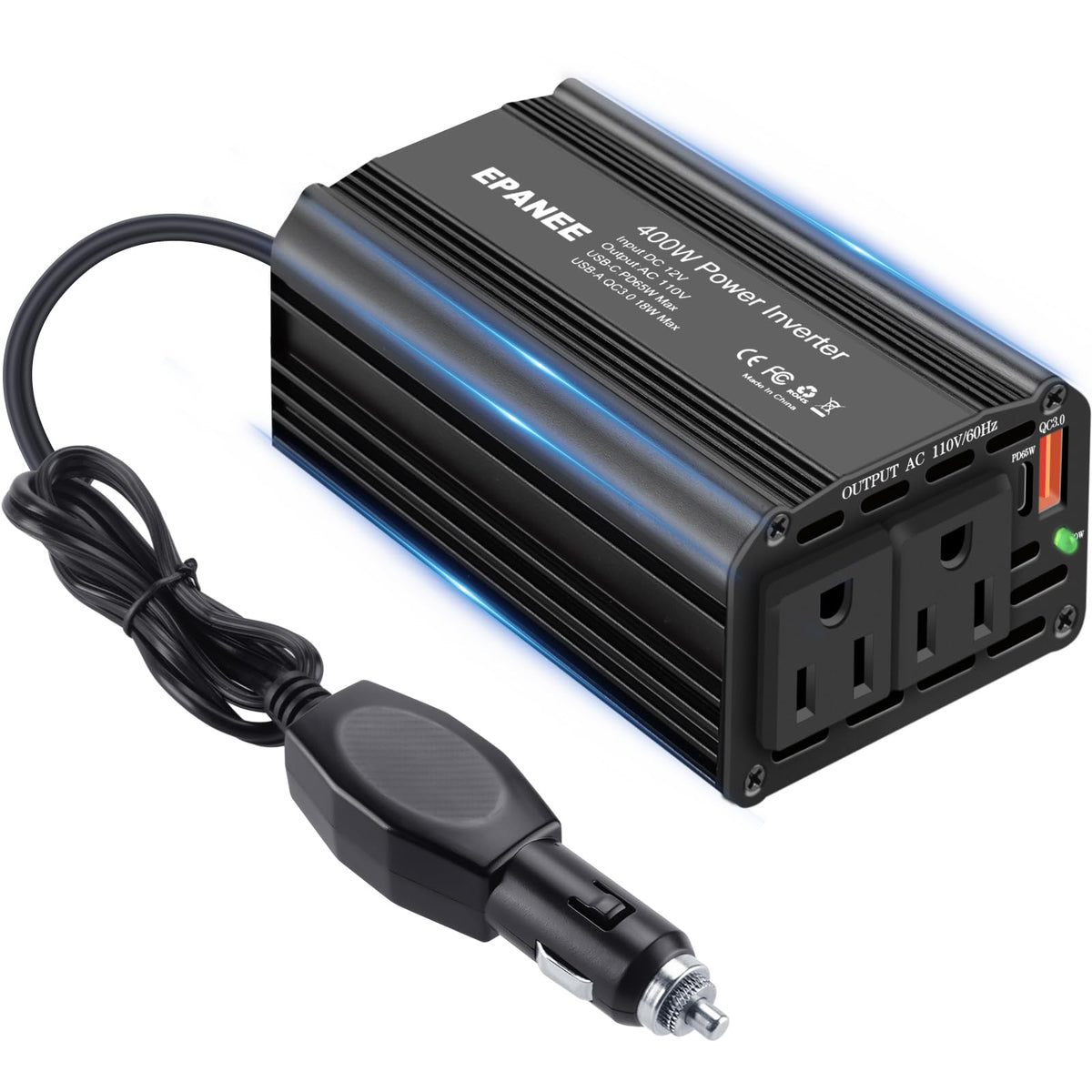 EPANEE front view showing AC sockets and USB ports, reliable travel power