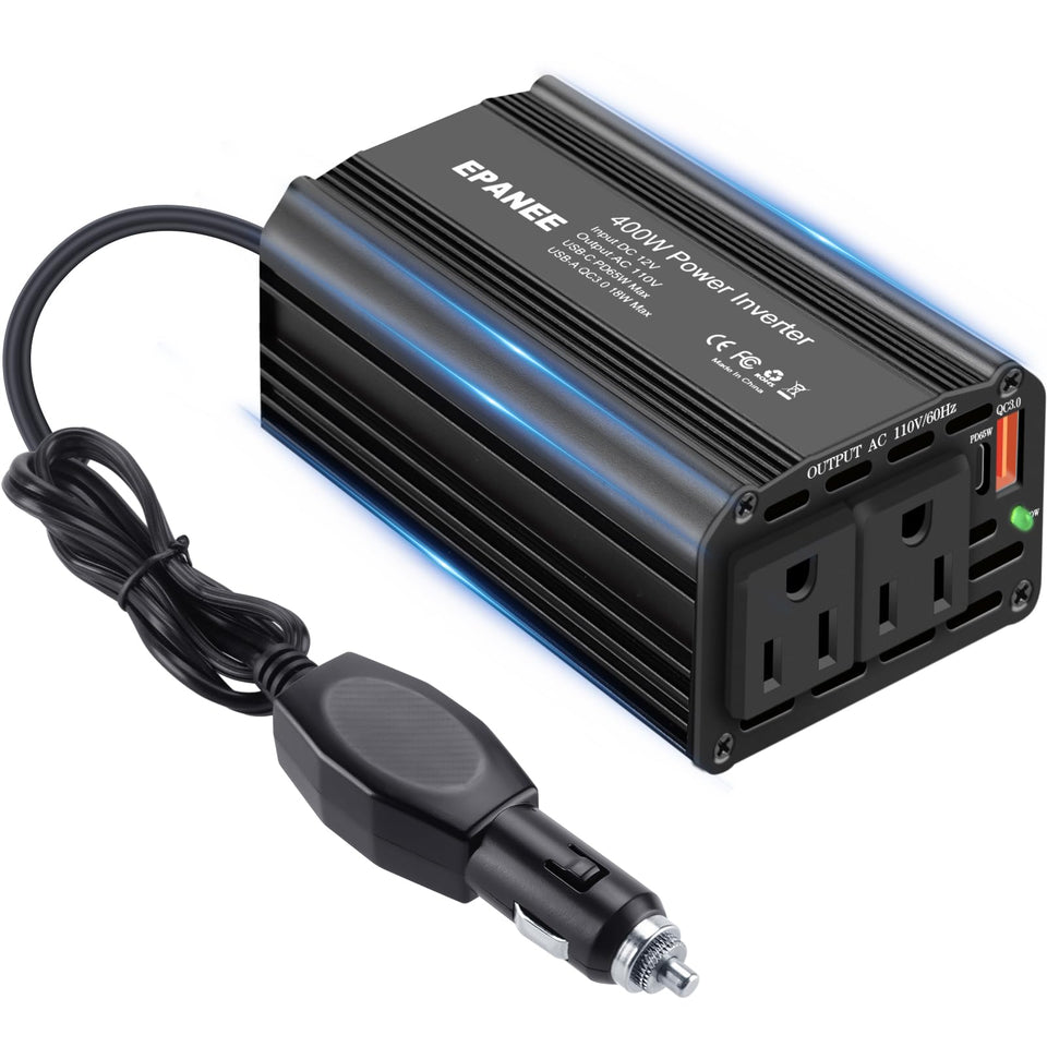 EPANEE front view showing AC sockets and USB ports, reliable travel power