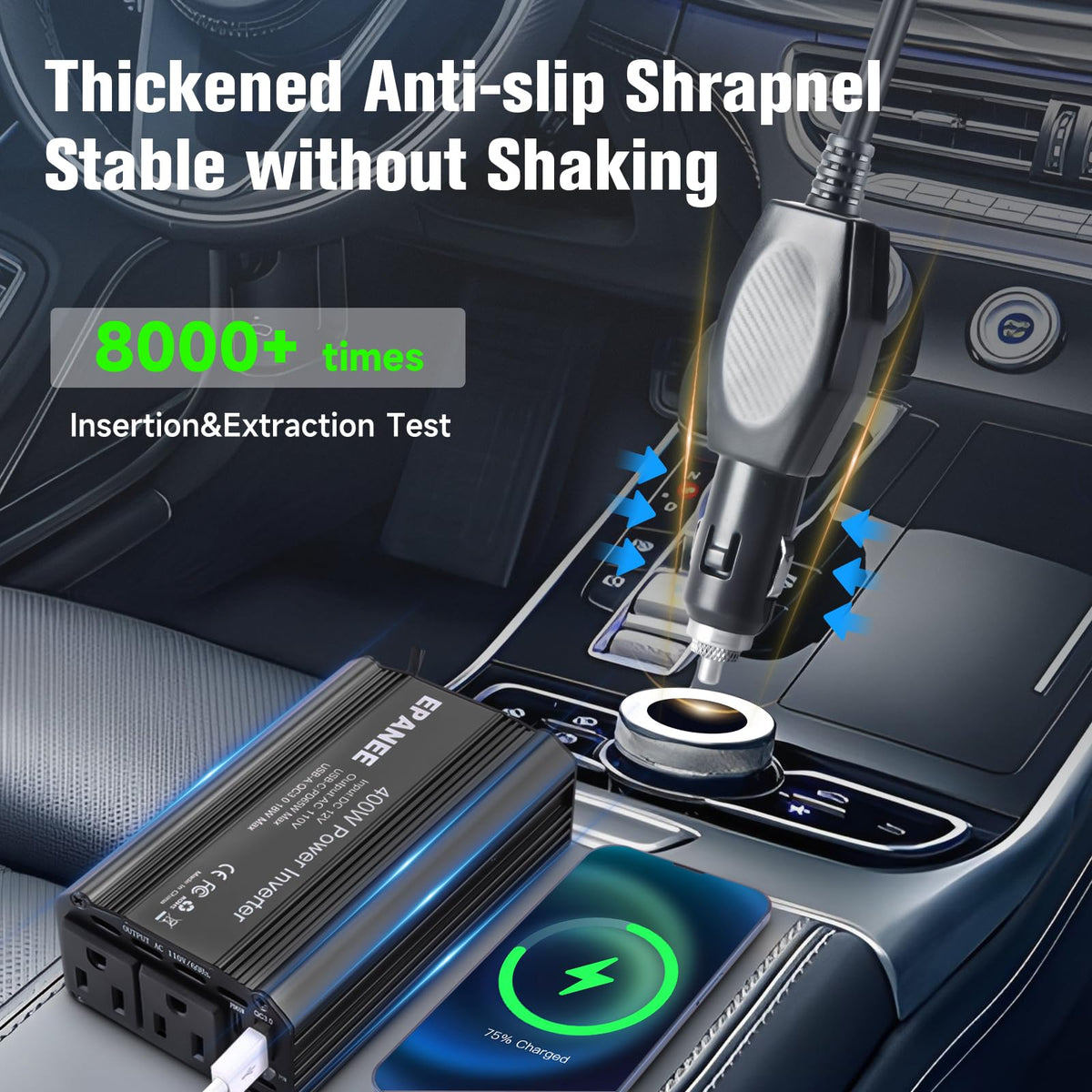 EPANEE installed on car console powering devices, convenient in‑car use