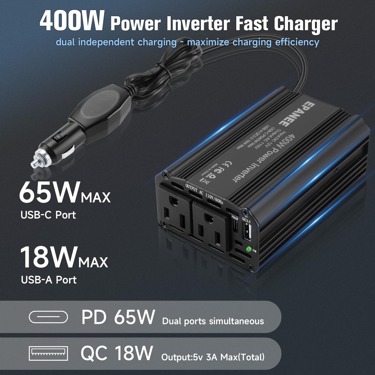 EPANEE port close-up with PD 65W USB‑C and QC 18W USB‑A, fast charging