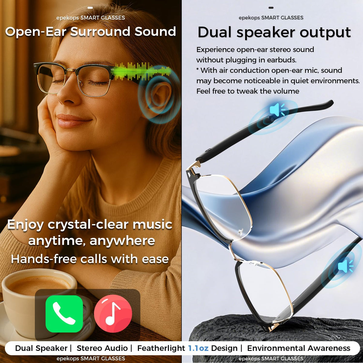 epekops AI Smart Glasses open-ear speakers delivering clear audio while staying aware of surroundings