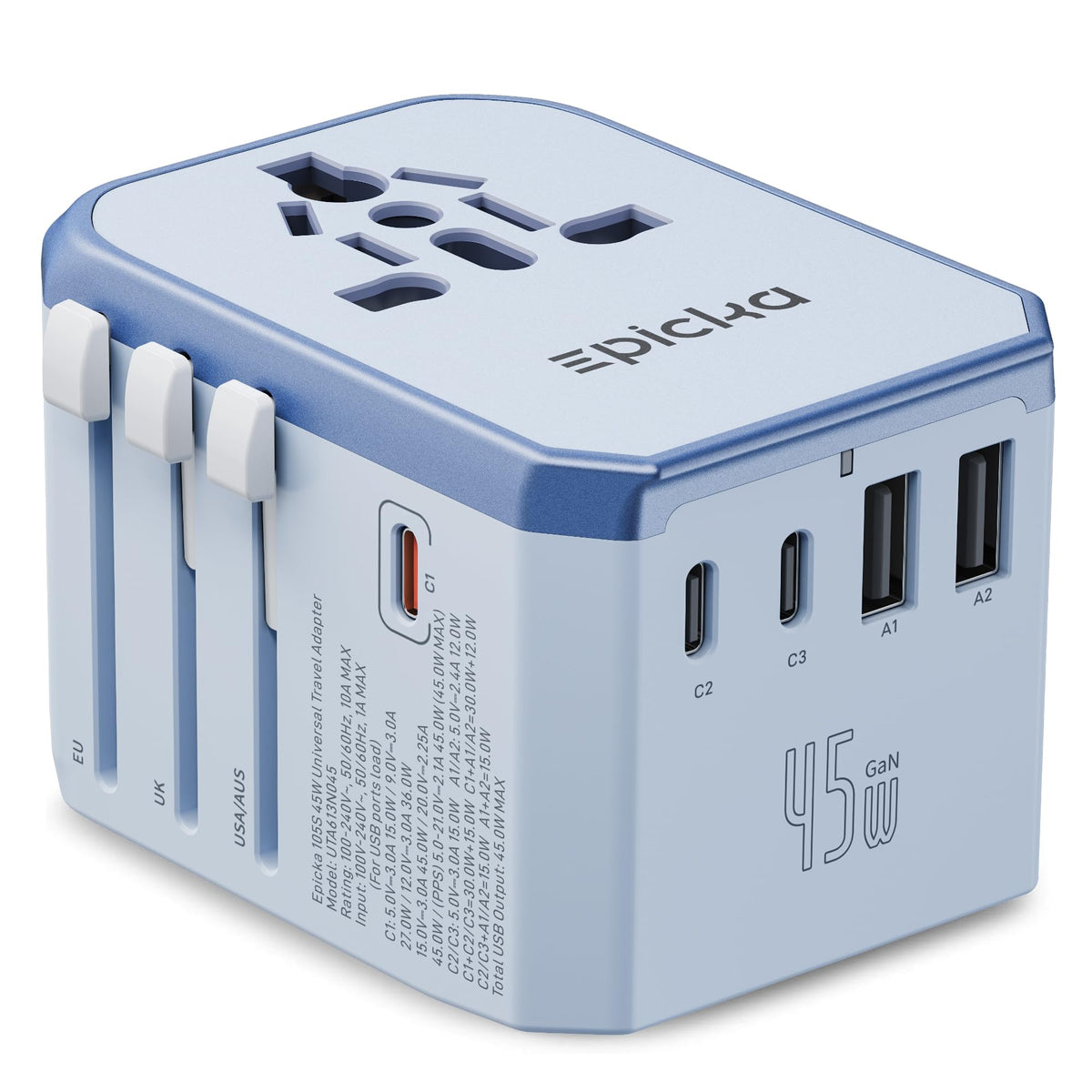 EPICKA front view of blue adapter showing compact travel-ready design and portability