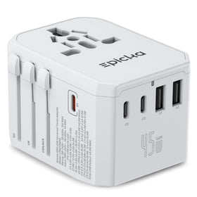 EPICKA travel adapter front view showing ports and fast charging benefits