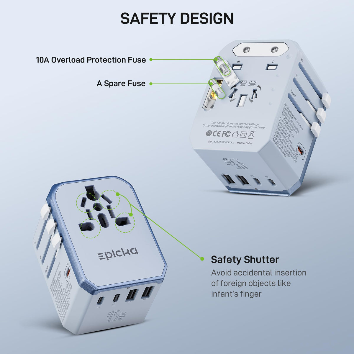 EPICKA adapter inside travel bag demonstrating convenient packing and organization