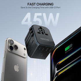 EPICKA close-up of three USB-C and two USB-A ports, fast charging benefits