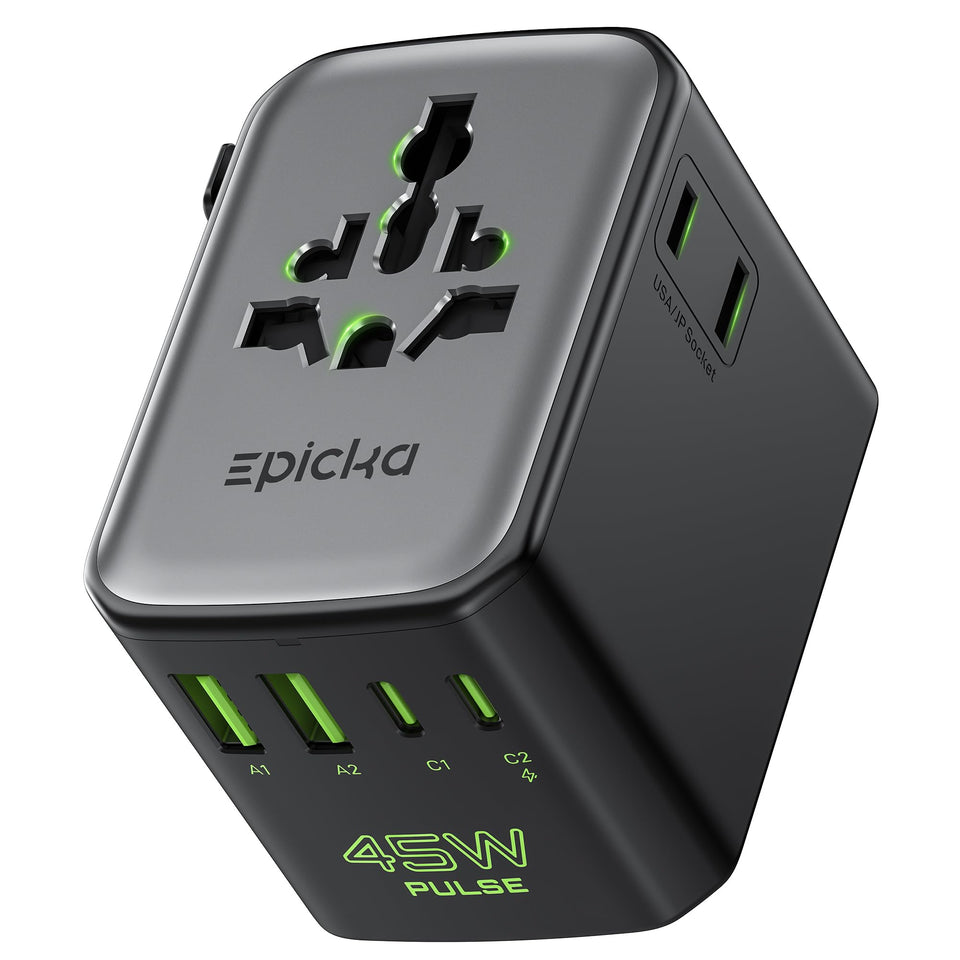 EPICKA front view showing compact adapter and ports for easy travel