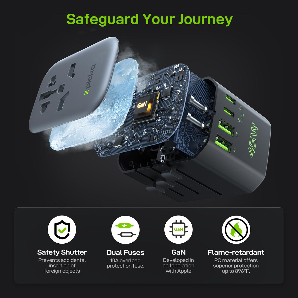 EPICKA Pulse built-in fuse and shutters for safe abroad charging.