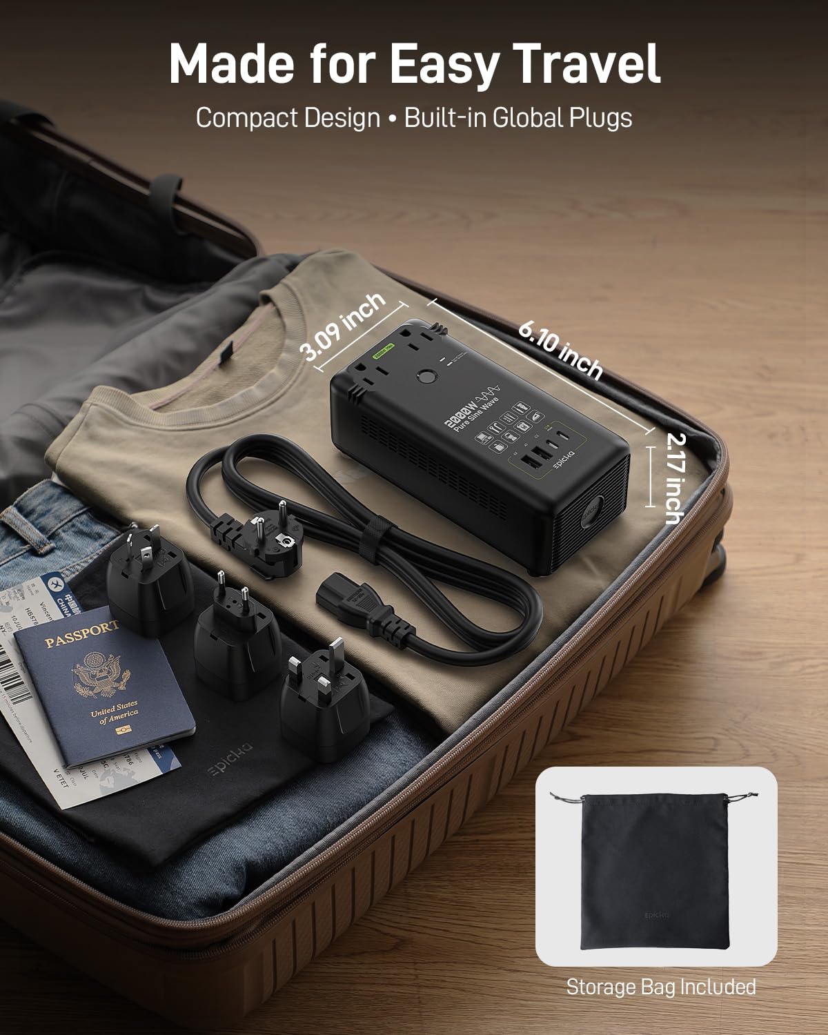 EPICKA universal travel plug adapter supports EU/UK/AU/JP for versatile trips.