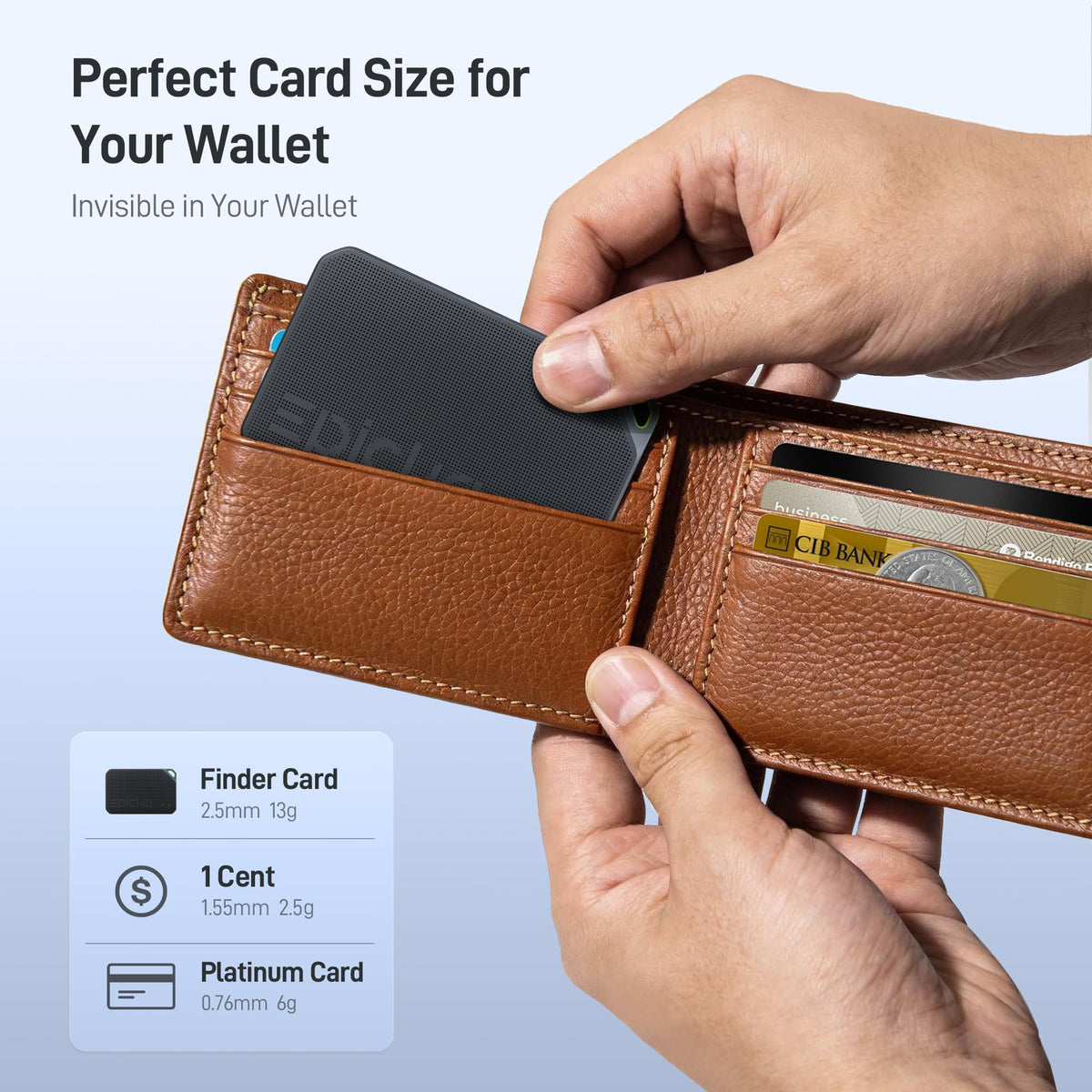 EPICKA tracker card tucked inside a slim wallet with low bulk