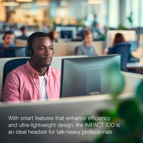 EPOS Impact 100 MS on desk during a video call showing easy call control access