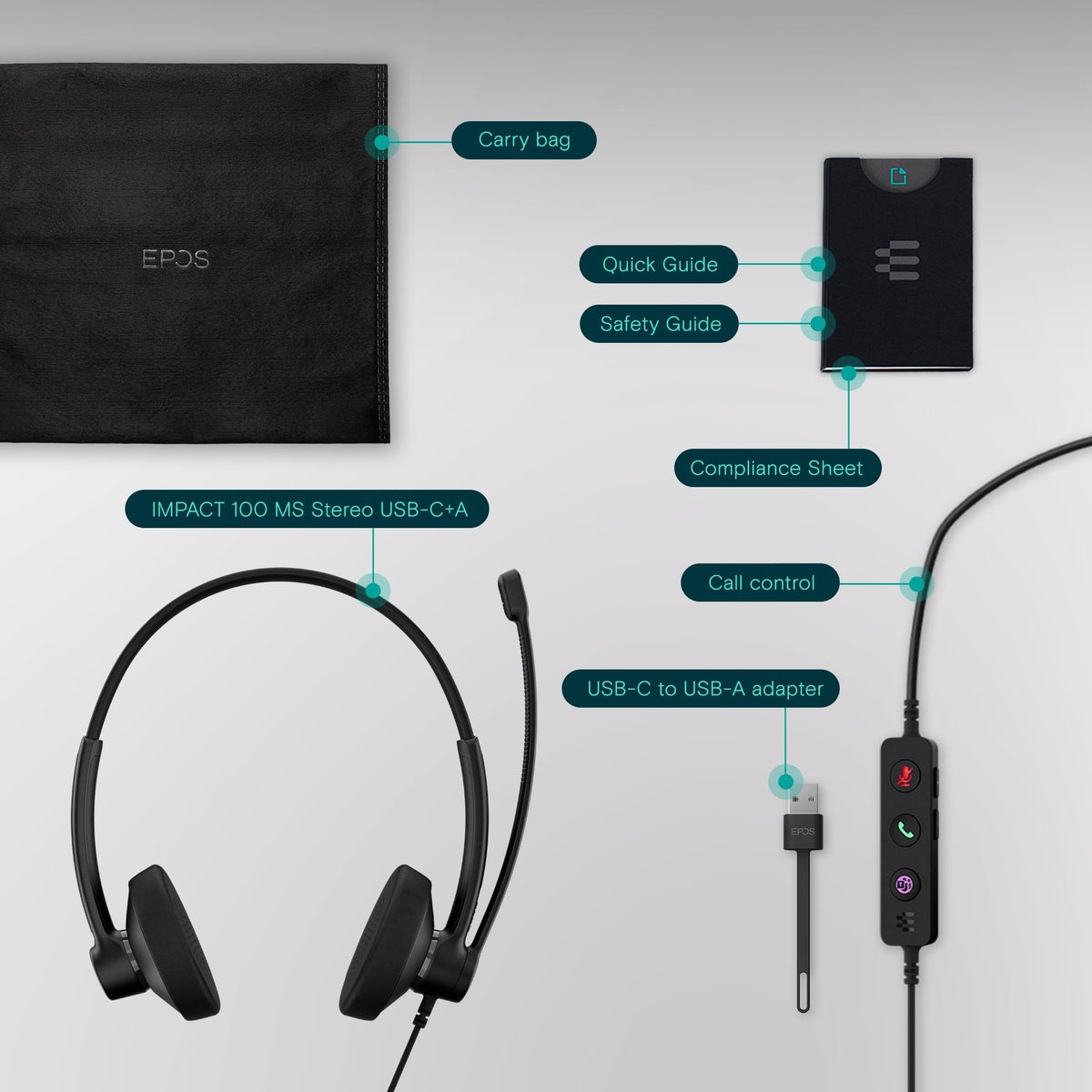 EPOS Impact 100 MS USB‑C cable with included USB‑A adapter for wide compatibility
