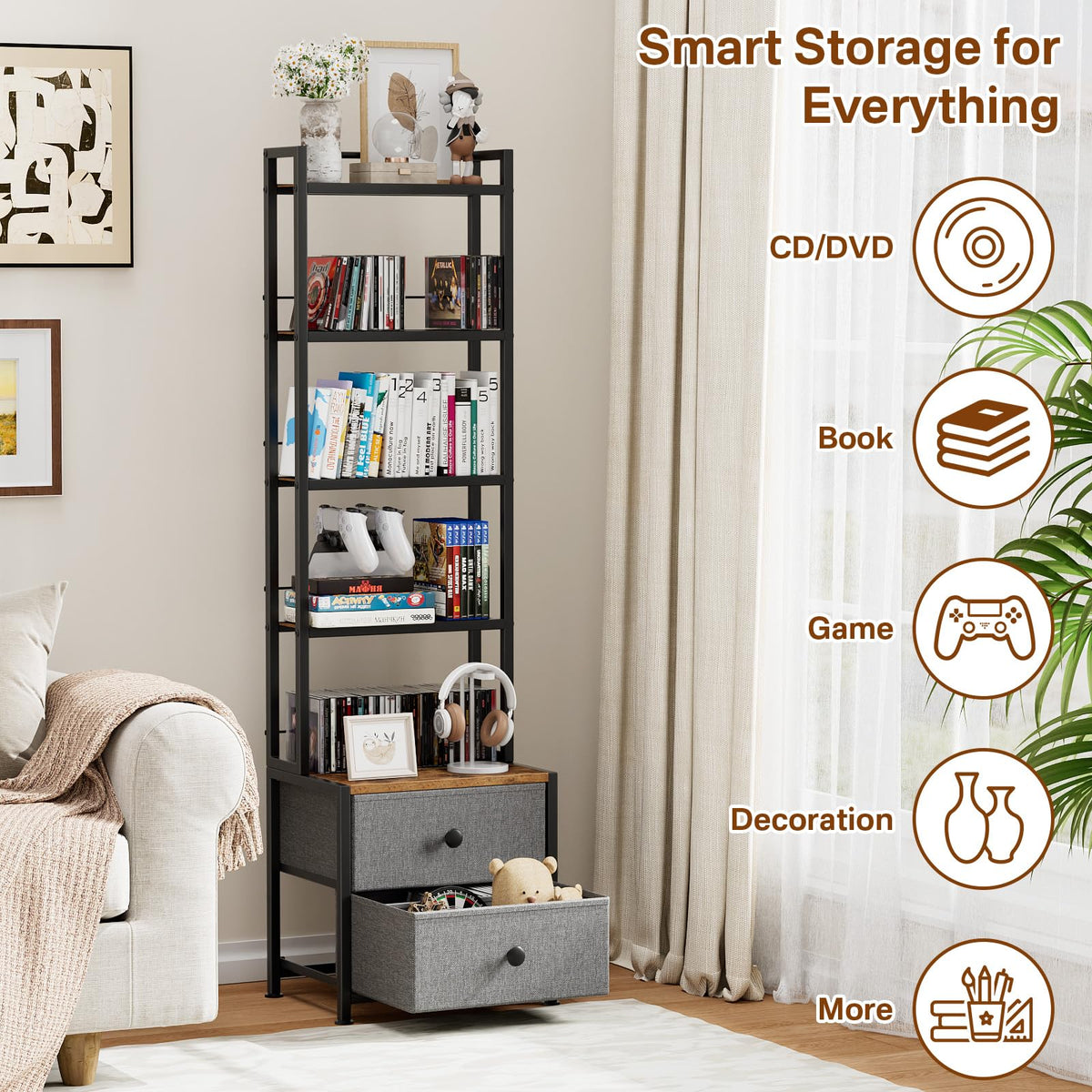 Epouseter 5-tier unit with wooden shelves ideal for DVDs and CDs.