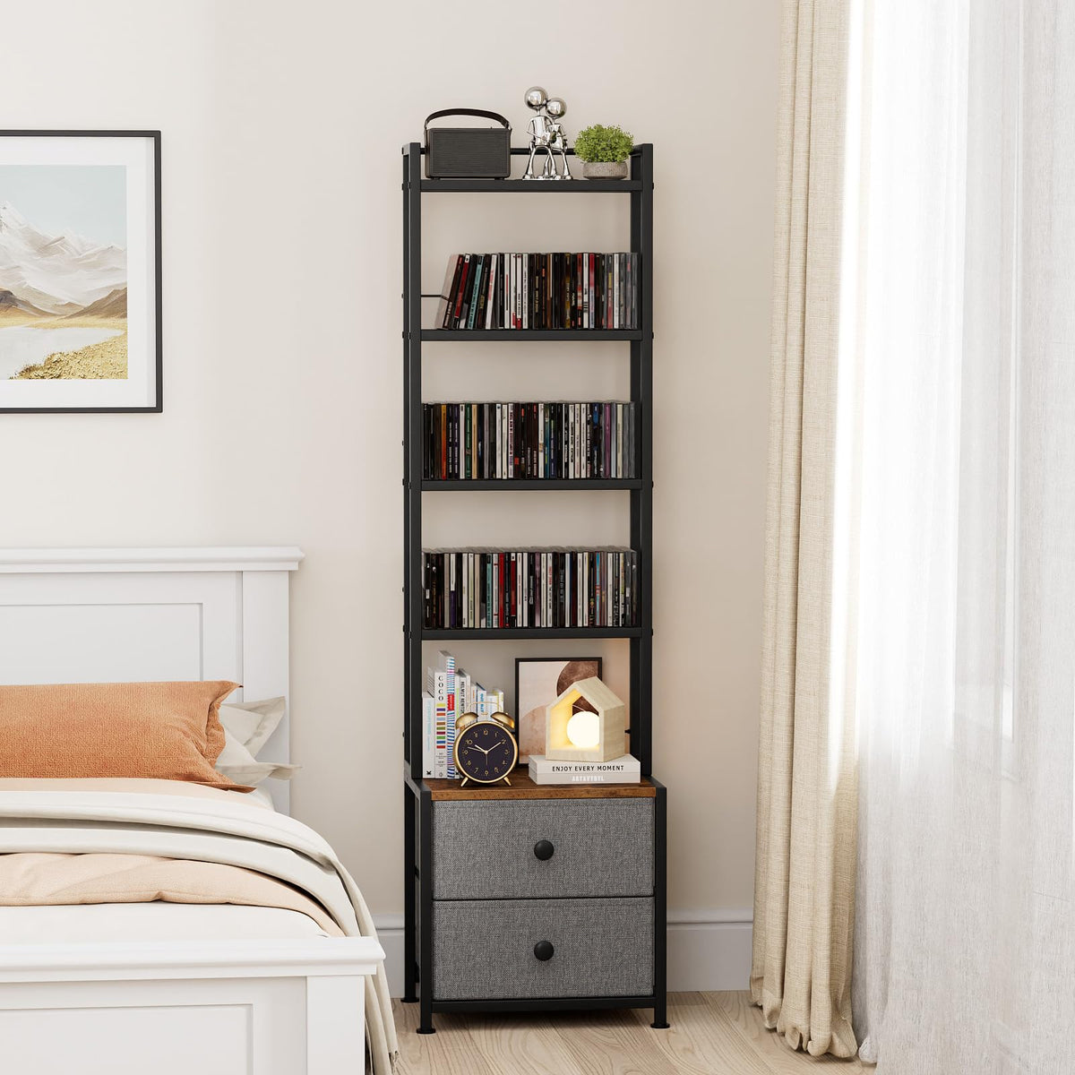 Epouseter compact space-saving media rack helps declutter a room.