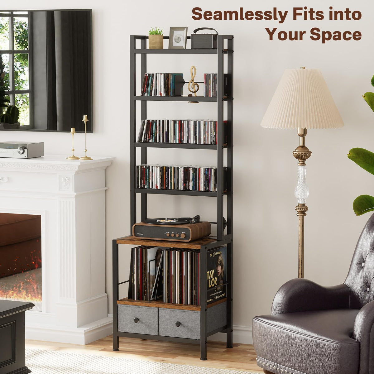 Epouseter 6-Tier rack in living room showcases organized media and clean decor.