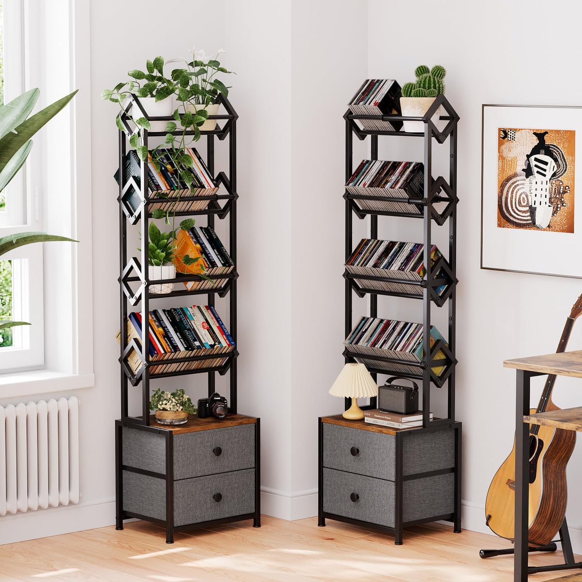 Epouseter beside books and CD cases showing vertical storage saves floor space