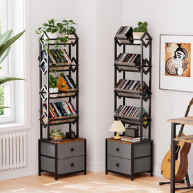 Epouseter beside books and CD cases showing vertical storage saves floor space
