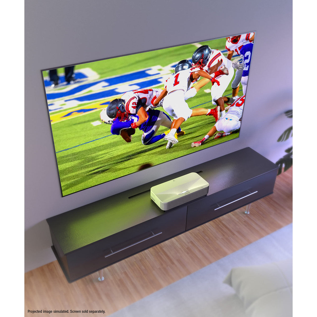 Epson EpiqVision LS800 short throw lens highlighting proximity to wall for clutter free setup