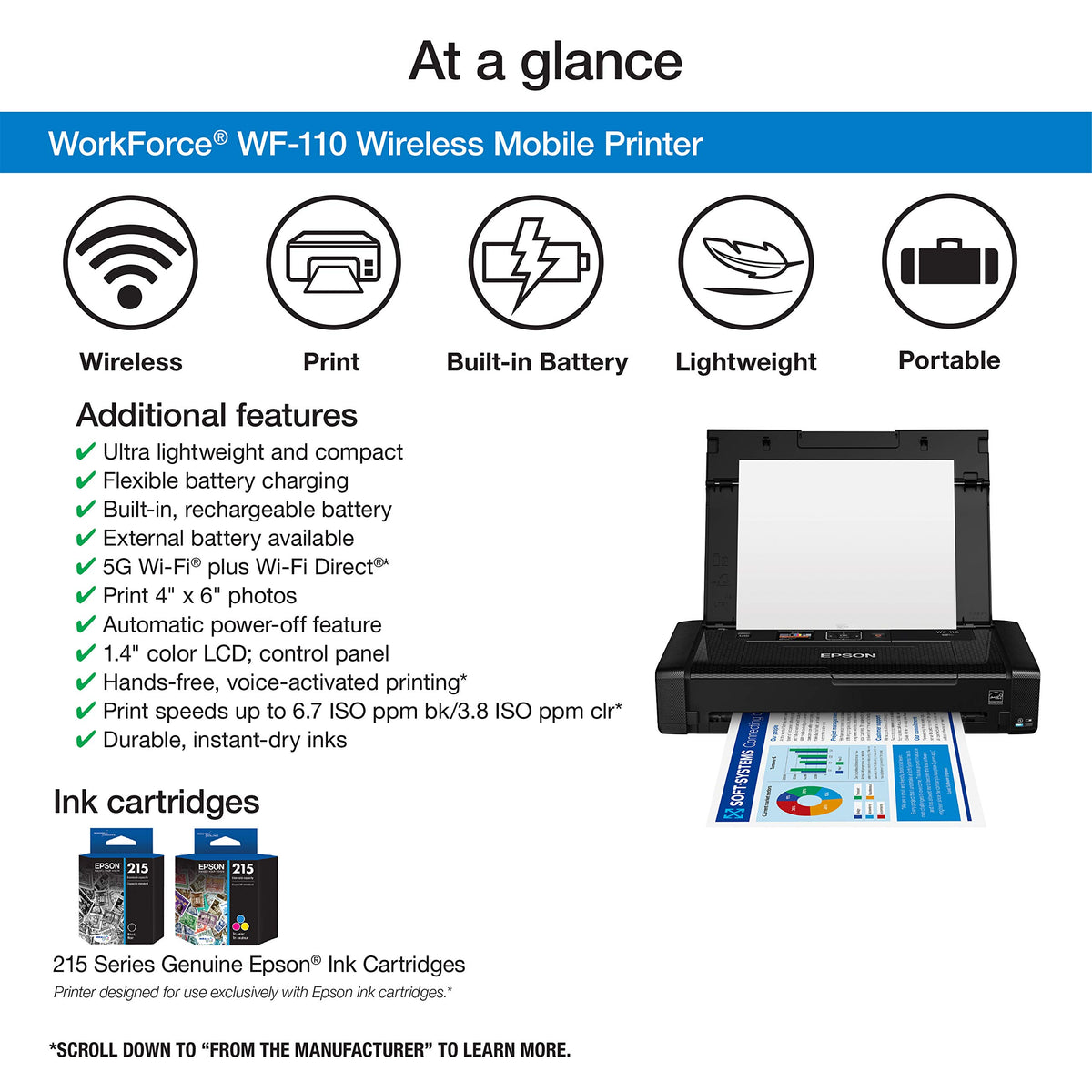 Epson WorkForce WF-110 portable printer ready for travel with wireless printing.