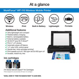 Epson WorkForce WF-110 portable printer ready for travel with wireless printing.