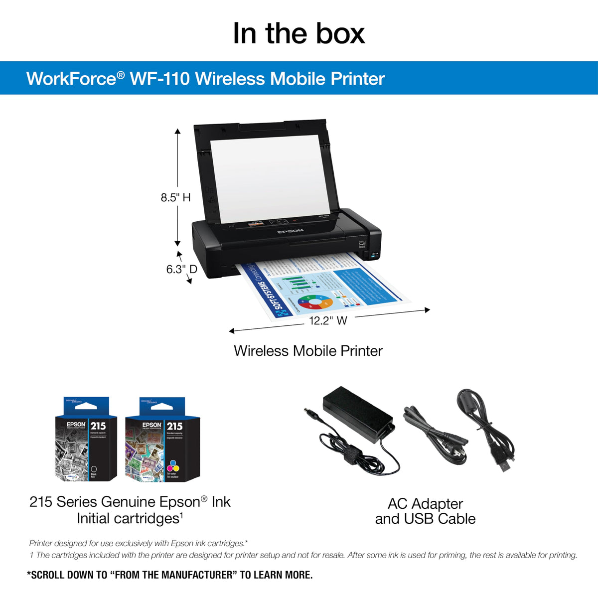 Epson WorkForce WF-110 USB/AC charging setup for flexible power options.