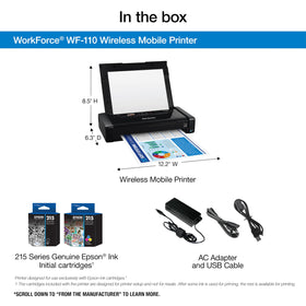 Epson WorkForce WF-110 USB/AC charging setup for flexible power options.