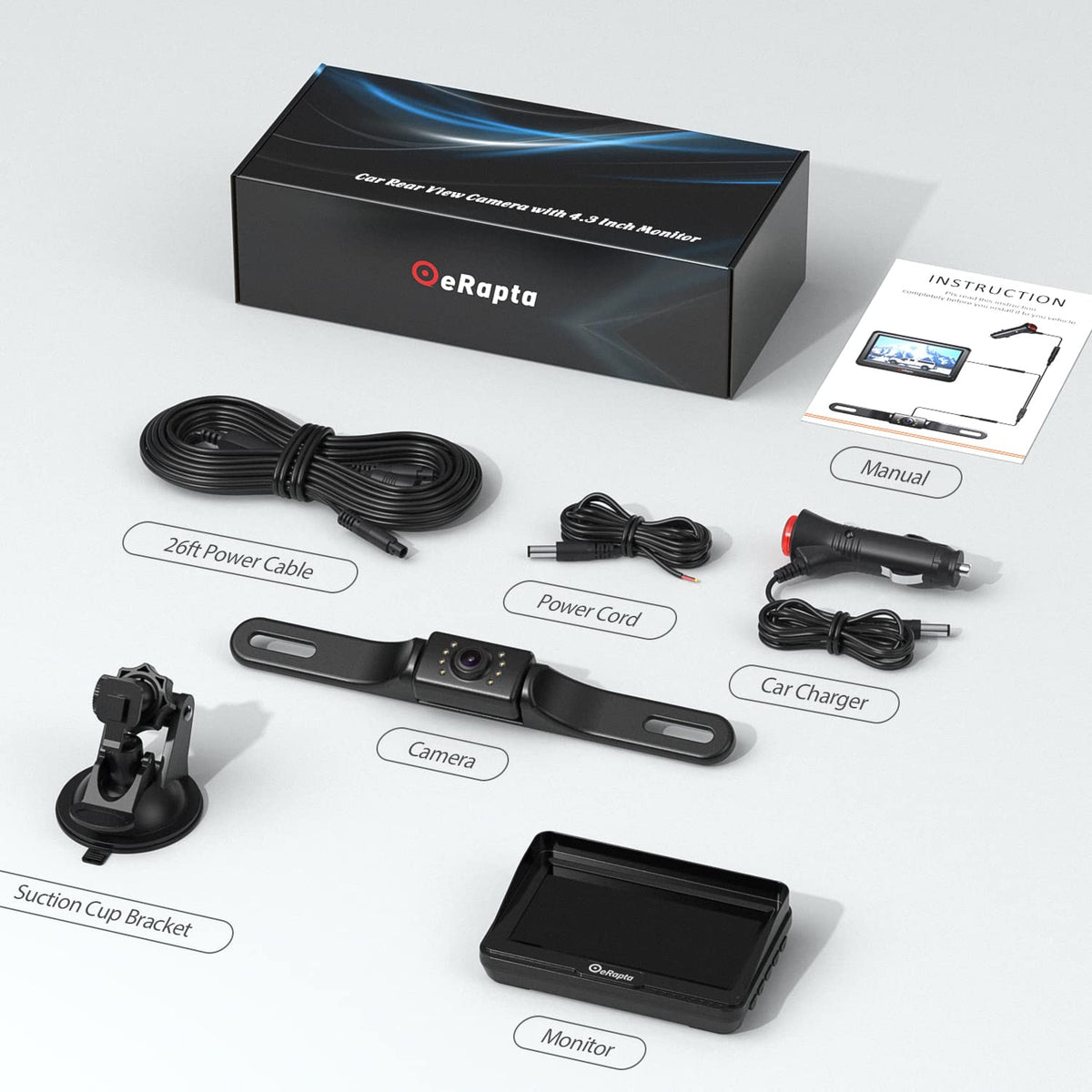 eRapta unboxed kit showing included monitor, camera, cables and brackets