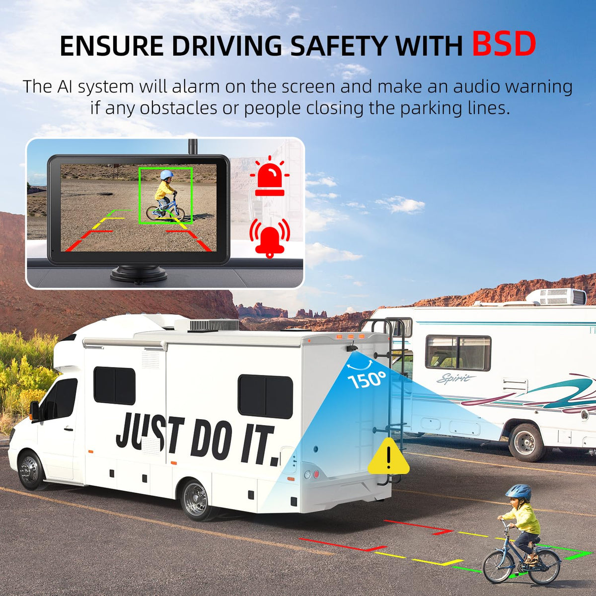 eRapta BSD alerts provide visual and audio hazard cues when reversing.
